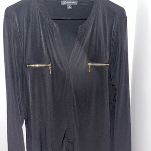 INC International Concepts Black Blouse with Gold Zipper Accents